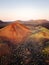 Volcanoes at sunset in Lanzarote, Canary Islands. Aerial view