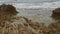 Volcanogenic rock slab filled with tide water on the seashore. Volcanic rocks on the edge of clear sea water. Natural rocky