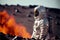 volcanologist in silver hazmat suit, explosions of lava. Volcano. Ai Generative