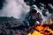 volcanologist in silver hazmat suit, explosions of lava. Volcano. Ai Generative