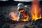 volcanologist in silver hazmat suit, explosions of lava. Volcano. Ai Generative