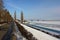 Volga river bank in the winter. Bridge over the river Volga.