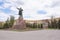 Volgograd. Russia - May 11 2017 Monument to Lenin and Pavlov Facade house with an arch and a bas-relief