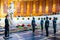 Volgograd, Russia - May 26, 2019: Change of soldiers guard in Hall of Military Glory. In centre of hall is sculpture of hand