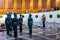 Volgograd, Russia - May 26, 2019: Change of soldiers guard in Hall of Military Glory. In centre of hall is sculpture of hand