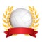 Volleyball Award Vector. Sport Banner Background. White Ball, Red Ribbon, Laurel Wreath. 3D Realistic Isolated