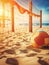 Volleyball ball near net on sand sea shore on sunset. Summer vacation concept. Created with generative Ai