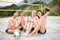 Volleyball, peace sign and friends take selfie at the beach after exercise, workout or training. Teamwork smile, sports