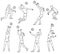 Volleyball players line silhouettes set of sketch vector illustrations isolated.