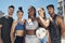 Volleyball, sports and portrait of a team of friends standing on an outdoor court with a ball for game. Diversity