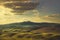 Volterra, rolling hills on sunset. Rural landscape. Green fields