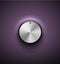 Volume button, sound control icon, music knob metal aluminum or chrome texture and scale with black ring purple plastic background