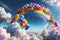 volumetric 3D render of a prismatic rainbow arcing through a cluster of ethereal clouds, dotted with magic