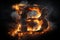 Volumetric capital letter B made of metal. Effect of metal heated for forging, with flames and smoke. Workpiece for