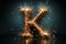 Volumetric capital letter K made of metal. Effect of metal heated for forging, with flames and smoke. Workpiece for