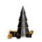 Volumetric geometrical Christmas tree with presents and black and gold balloons. 3D Christmas tree with presents in black and gold