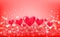 Volumetric hearts balloons on Hearts bokeh background. Red festive background with bokeh. Vector illustration