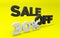 Volumetric inscription Sale 30% off in black and white colors on a yellow background.