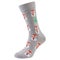 Volumetric light gray sock with a pattern of many snowmen in a santa claus hat, on a white background