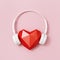 Volumetric paper heart in white headphones. Concept for music festivals, radio stations, music lovers