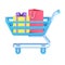 Volumetric shopping cart with purchases 3d icon. Blue trolley with gold gift and paper red bag