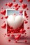 Volumetric white heart among many red flying balloons in form of heart. Valentine`s Day. AI generated