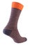 Voluminous sock with orange stripes, as if walking, on a white background