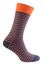 Voluminous sock with orange stripes, side view, on a white background