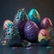 Voluminous, vibrantly colored, and intricately adorned Easter 3D eggs produced by generative AI