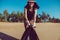 Volunteer asian woman hands holding black color garbage bags with keeping plastic bottle at the beach,Dispose recycle and waste ma