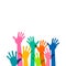 Volunteer education poster mockup, colorful children hands up is lifted upwards white background