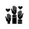 Volunteer hands black vector concept icon. Volunteer hands flat illustration, sign