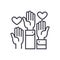 Volunteer hands linear icon, sign, symbol, vector on isolated background