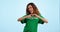 Volunteer, happy woman with heart hands in portrait, help and support with emoji on blue background. Health, wellness