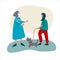 Volunteer helps elderly woman with dog walking. Social work during coronavirus quarantine concept