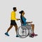 Volunteer man walking in park with girl disabled in wheelchair. Disability rehabilitation, invalid people assistance. vector