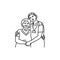 Volunteer nurse hugs an old woman black line icon. Pictogram for web page