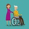 Volunteer or nurse on walk with disabled elderly man in wheelchair. Cartoon vector illustration
