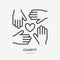 Volunteer organization flat line icon. Vector outline illustration of hands and heart. Black color thin linear sign for