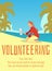 Volunteering banner with woman picking litter on beach, vector illustration.