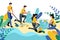 Volunteering, charity social concept. Volunteer people cleaning garbage on beach area or city park, vector illustration
