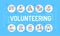Volunteering word lettering typography. Non profit community. Humanitarian aid. Infographics with linear icons on blue background