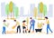 Volunteers and active citizens planting trees in city park, vector flat illustration