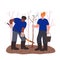 Volunteers in blue t-shirts are planting trees in the park. Charity donation. Banner. Vector illustration in freehand drawn style