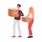 Volunteers with boxes for clothing donation flat vector illustration isolated.