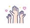 Volunteers and charity work. Raised helping hands. Vector filled outline icon illustrations with a crowd of people ready and