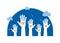 Volunteers and charity work. Raised helping hands. Vector icon background banner illustrations with a crowd of people ready and