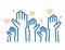 Volunteers and charity work. Raised helping hands. Vector thin line icon illustrations with a crowd of people ready and available