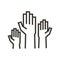 Volunteers and charity work. Raised helping hands. Vector thin line icon illustrations with a crowd of people ready and available