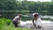 Volunteers cleaning garbage near river. Women picking up a bottle plastic in the lake. Environmental pollution